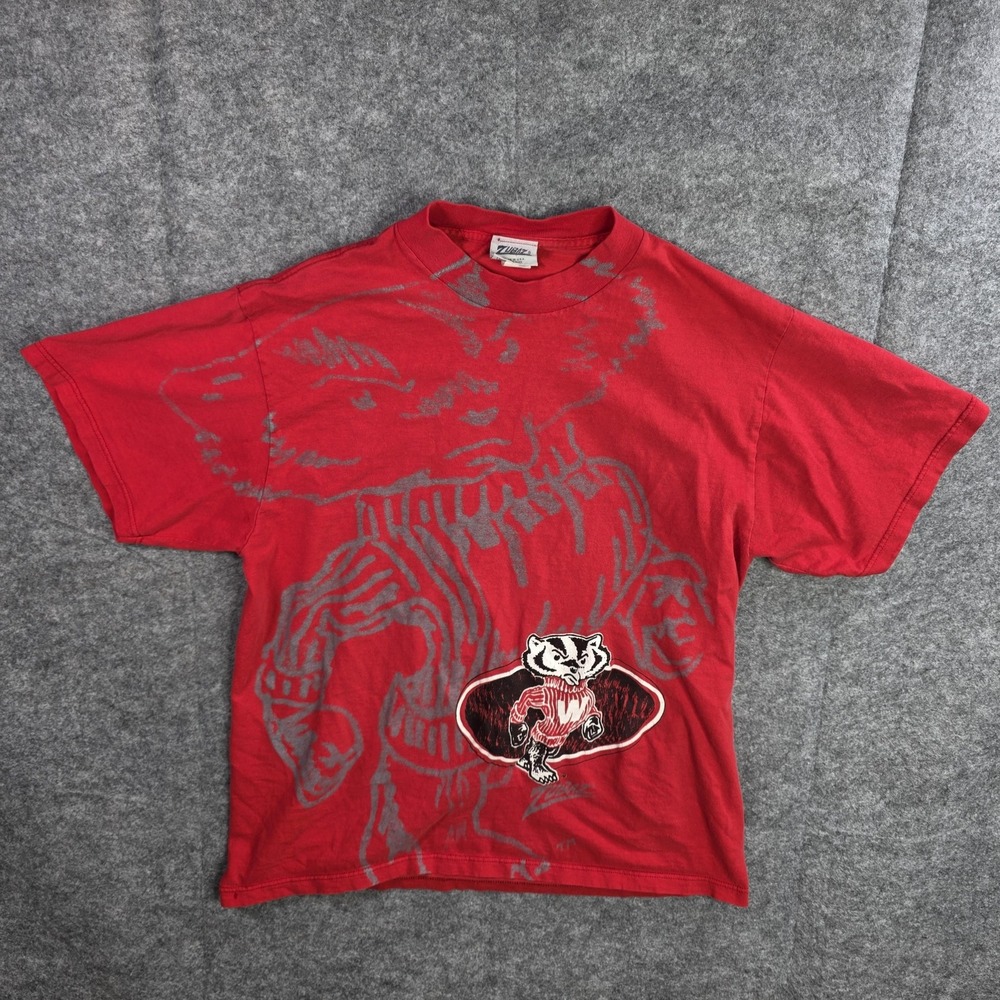 Vintage Zubaz Wisconsin Badgers AOP Big Graphic‎ Shirt Mens Large Red NCAA 90s